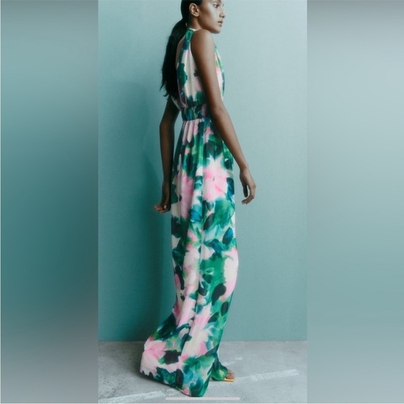 New Zara Floral Print Deep V-neck Flowy Wide Leg Jumpsuit - Picture 12 of 13